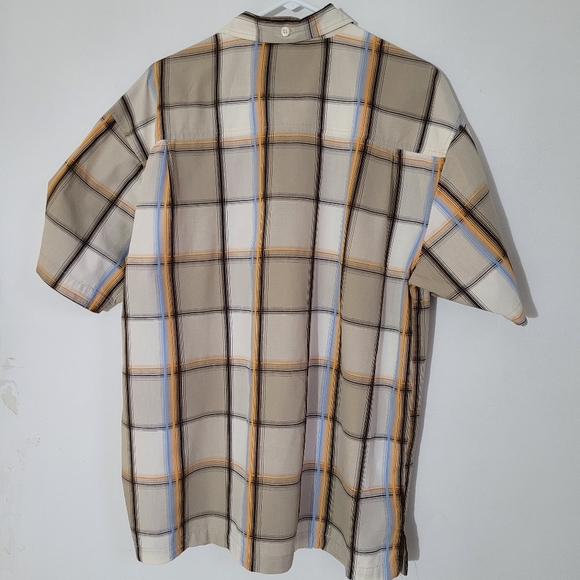 Men's Enyce Size Medium Short Sleeve Button-down Plaid Shirt Tan w/Gold & Blue - Picture 8 of 13